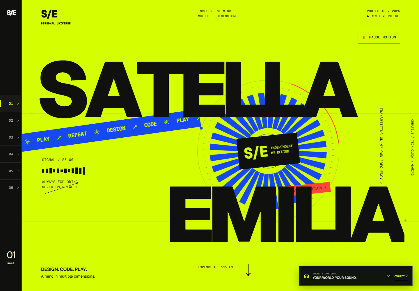 Satella Emilia portfolio homepage with electric yellow typography and blue graphic artwork